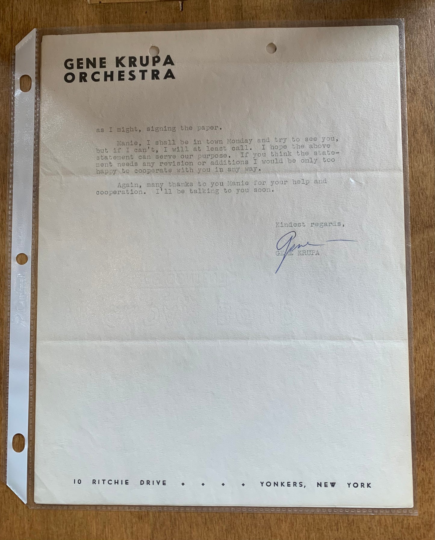 Letter from Gene Krupa to Manie Sacks - July 8, 1948