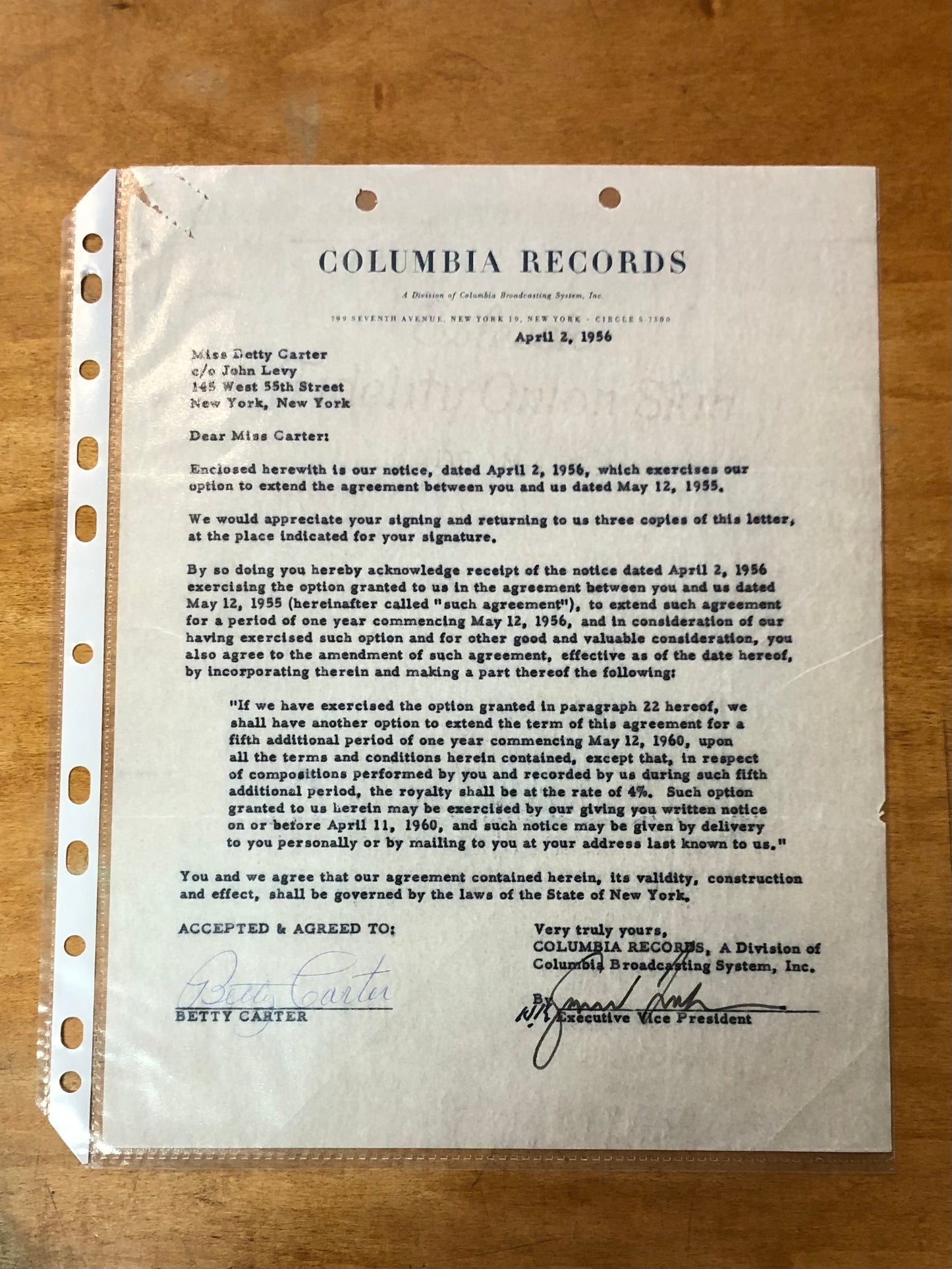 Signed Betty Carter Letter of Agreement - April 2, 1956