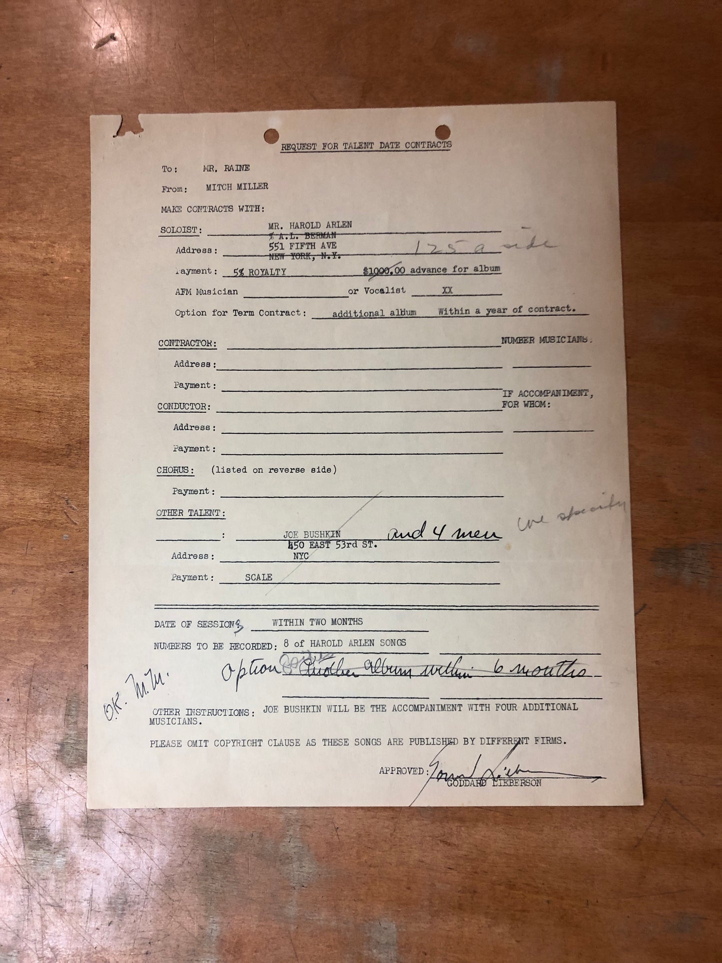 Signed Harold Arlen Contract - January 1, 1953