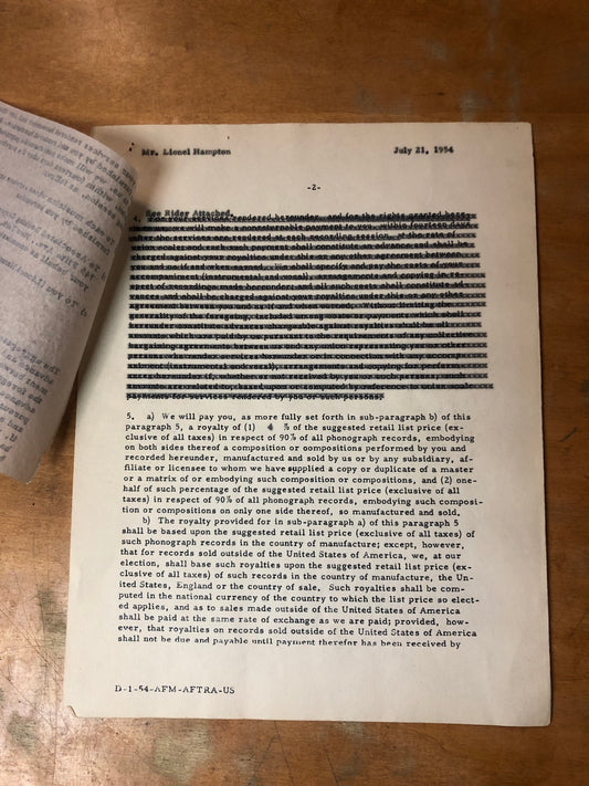 Signed Lionel Hampton Contract - July 21, 1954
