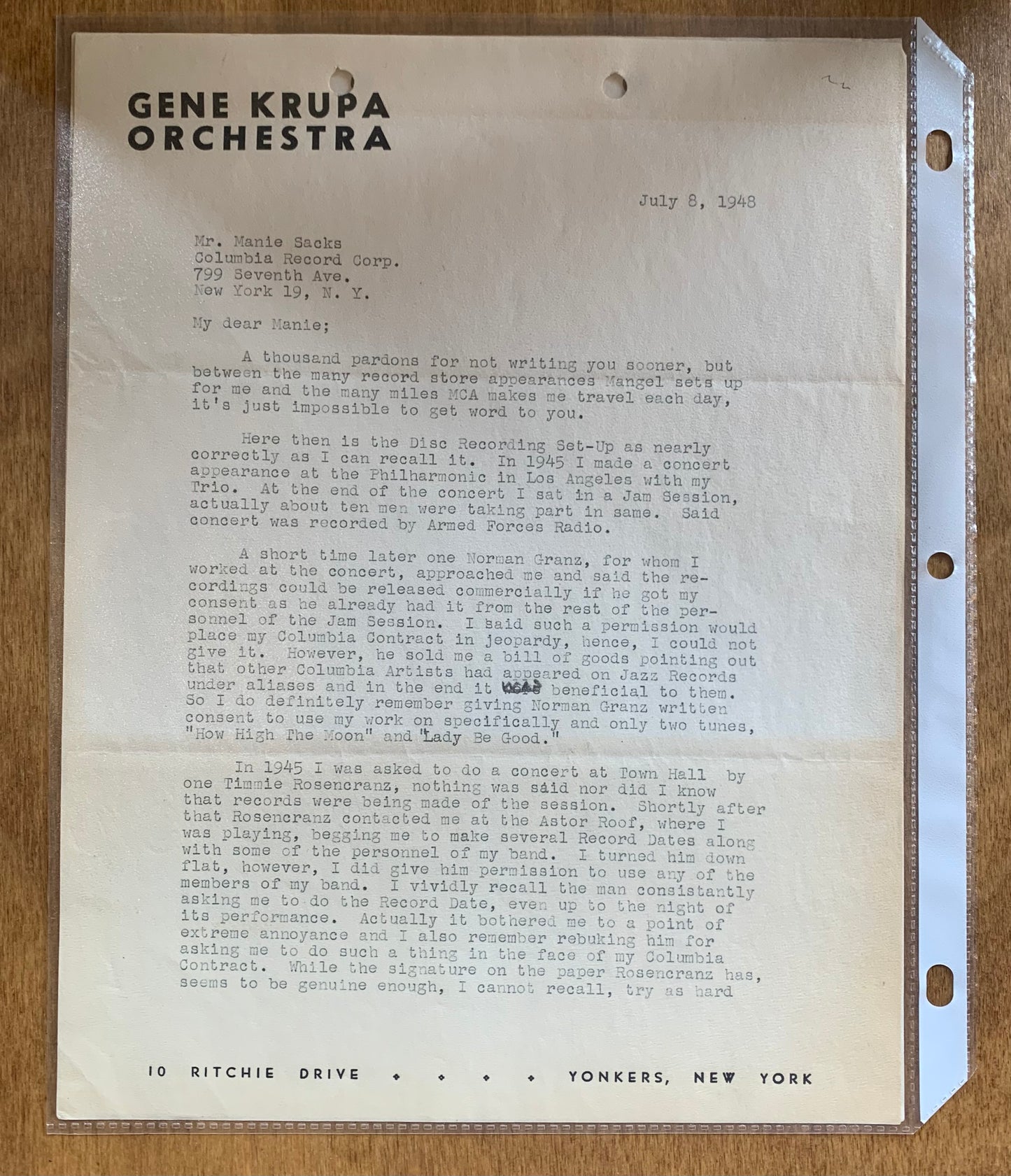 Letter from Gene Krupa to Manie Sacks - July 8, 1948