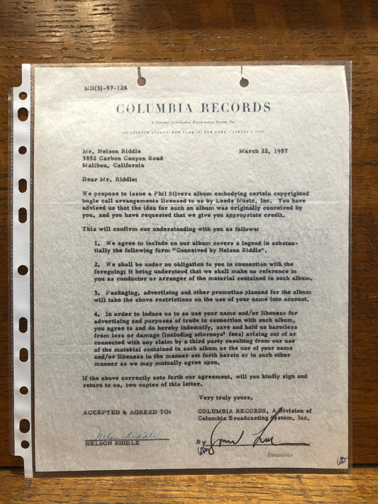 Signed Nelson Riddle Letter of Agreement -- March 22, 1957