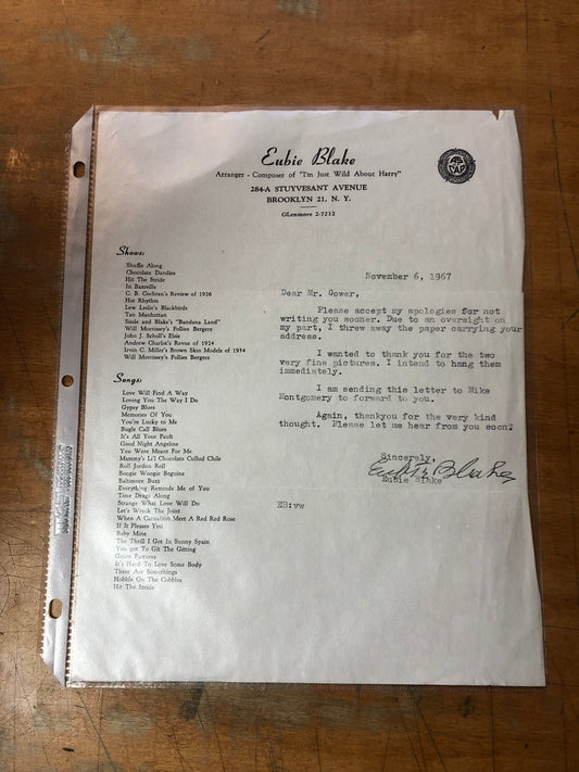 Personal Letter from Eubie Blake -- November 6, 1967