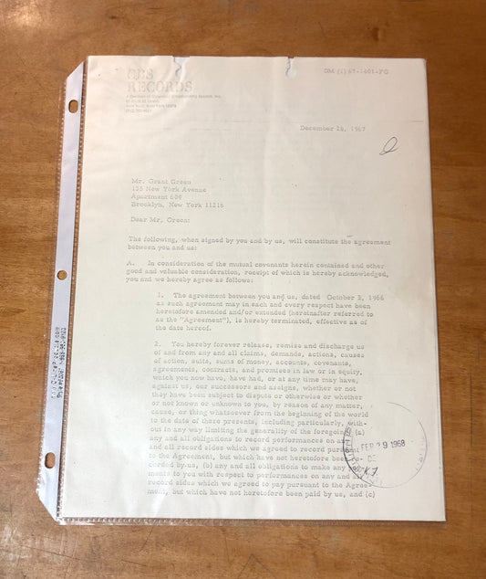 Signed Grant Green Contract - December 28, 1967