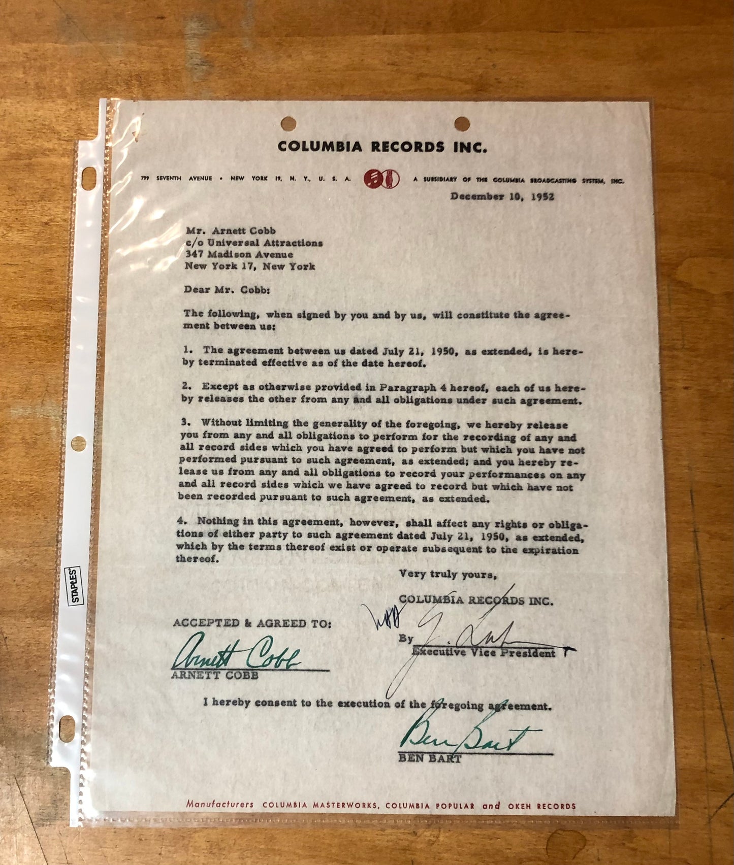 Signed Arnett Cobb Letter of Agreement - December 10, 1952