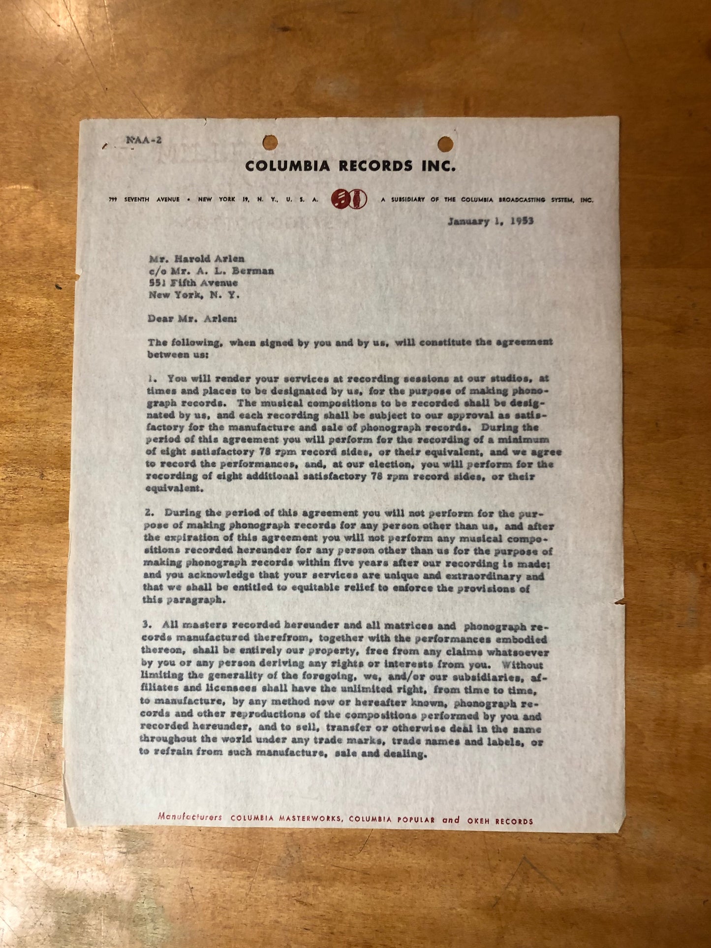 Signed Harold Arlen Contract - January 1, 1953