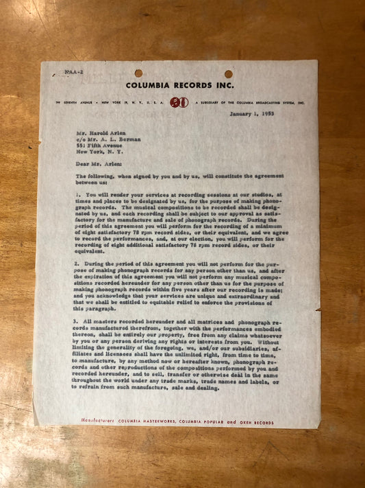 Signed Harold Arlen Contract - January 1, 1953