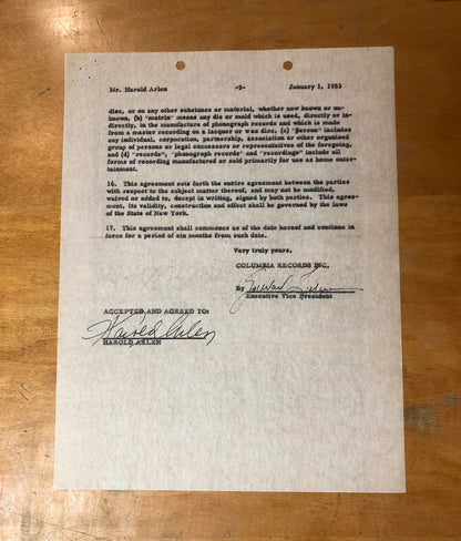 Signed Harold Arlen Contract - January 1, 1953