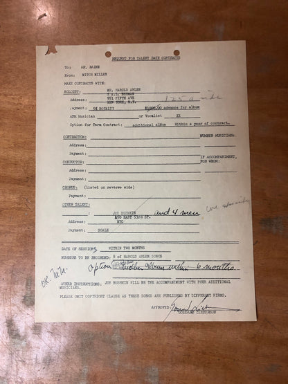 Signed Harold Arlen Contract - January 1, 1953