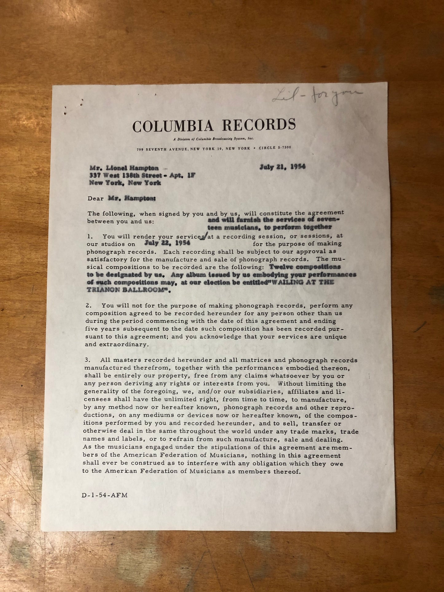 Signed Lionel Hampton Contract - July 21, 1954