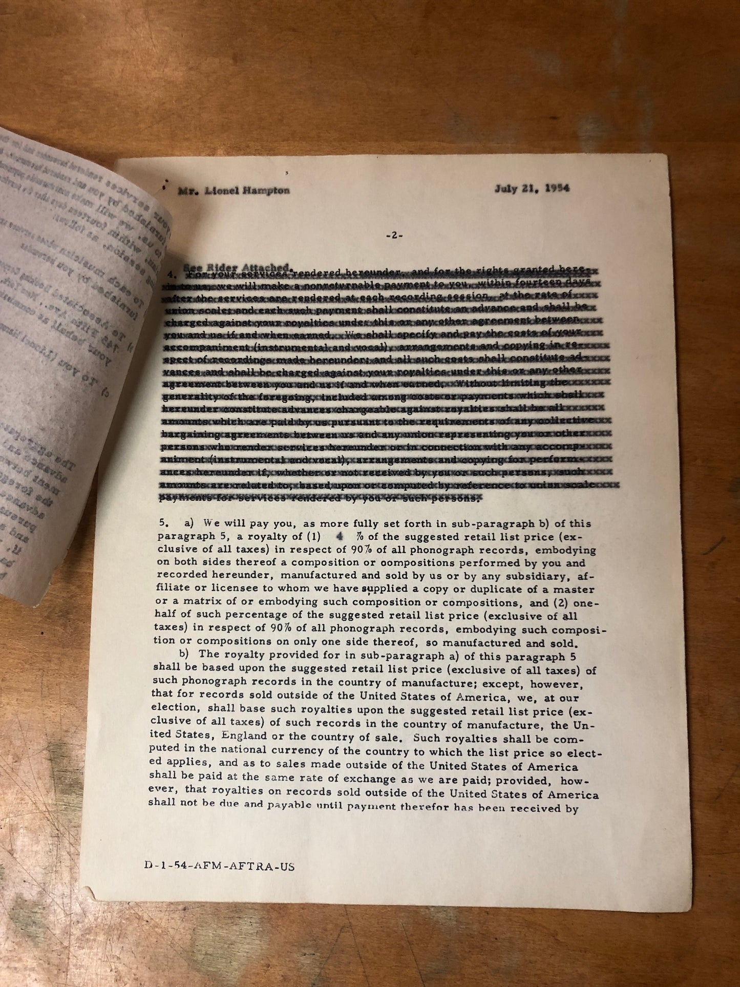 Signed Lionel Hampton Contract - July 21, 1954