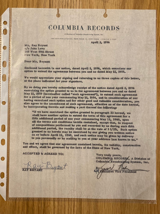 Signed Ray Bryant Letter of Agreement -- April 2, 1956